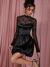 COSMINA Women's Elegant Solid Color Lace Patchwork Bud Mini Dress